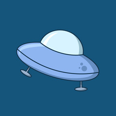 Fototapeta na wymiar Cartoon flying saucer, ufo starship. Flat vector illustration on blue background.