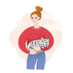 A cheerful young girl holding a gray cat drawn in a flat style against an abstract pink sky. The concept of a banner about homeless animals, volunteer assistance to Pets. Cute vector illustration.