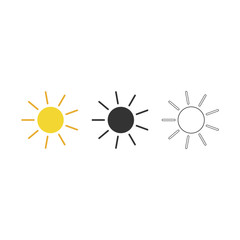 Sun icons collection yellow black and outline set. Vector illustration.