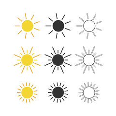 Sun icons collection yellow black and outline set. Vector illustration