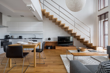 Two-floor apartment with wooden elements - obrazy, fototapety, plakaty