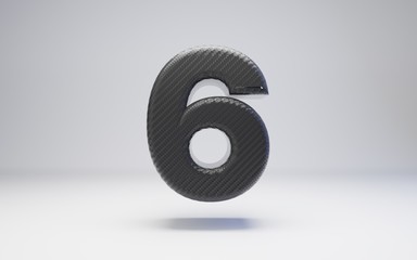 Black carbon fiber number 6 isolated on white. 3D rendered black glossy carbon font for poster, banner, advertisement, decoration.