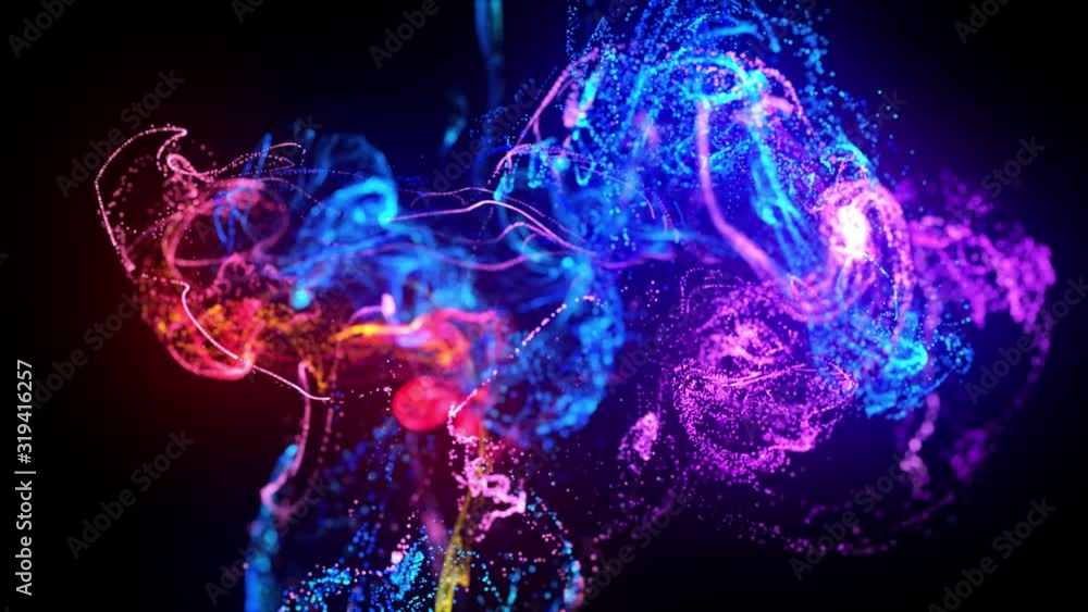 Poster injection of fluorescent ink in water in 4k. 3d render of glow particles in ink flow. interaction of