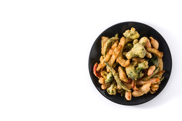 Japanese vegetable tempura isolated on white background. Top view. Copy space	