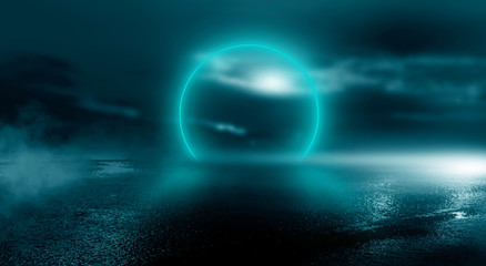 Futuristic landscape, abstract night landscape. Dark horizon Modern futuristic neon abstract background. Large object in the center, space background. Dark scene with neon light. 