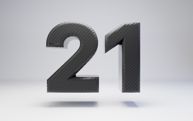 Black carbon fiber number 21 isolated on white. 3D rendered black glossy carbon font for poster, banner, advertisement, decoration.
