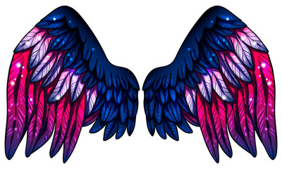 Obraz premium Beautiful magyc shiny glittery dark blue violet magenta wings, hand drawn vector