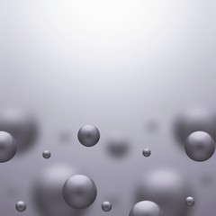 Silver pearl on light gray background. Metal drops 3d illustration. Defocus backdrop.
