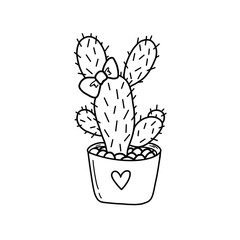 Prickly cactus in doodle style. Black and white illustration of a cactus with a bow in a pot with a heart. Succulent in the form of a bunny in a pot. Houseplant object isolated on white background.