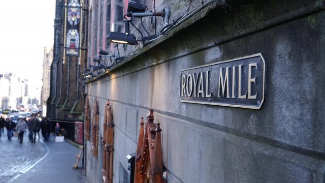 Wide Shot of The Royal Mile Street sign in Edinburgh, Scotland. The most famous street in Scottish history. UK Travel & Tourism