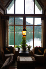 Atmospheric fjord hotel. Modern lobby. 