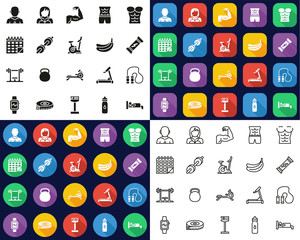 Bodybuilding Icons All in One Icons -Black & White-Color Flat Design-Thin Line- Set