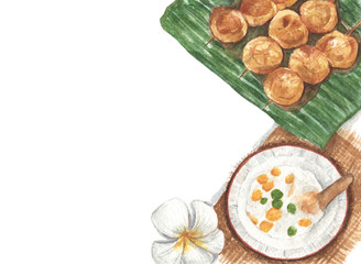 Different Thai Desserts with white flowers on white background, Top view with copy space for your text. Flat lay. Watercolor illustration.