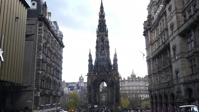 4K: Scott Monument in Edinburgh. In the centre the Scottish City