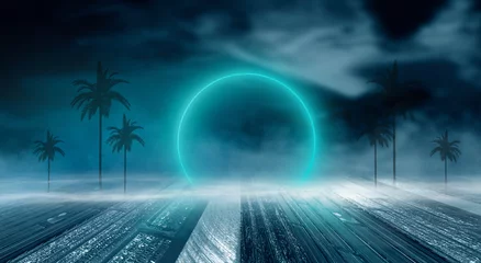 Fotobehang Futuristisch nachtlandschap met abstract landschap en eiland, maanlicht, glans. Donkere natuurlijke scène met weerspiegeling van licht in het water, neon blauw licht. Donkere neonachtergrond. © MiaStendal