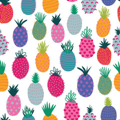 Pineapples abstract seamless vector summer pattern. Repeating colorful tropical background. Hand drawn exotic fruit isolated in cartoon doodle style. For fabric, summer decoration, packaging, kids