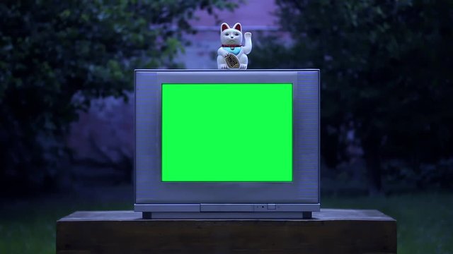 Maneki Neko Cat over an Old TV with Green Screen. Night Tone. You can replace green screen with the footage or picture you want. You can do it with &ldquo;Keying&rdquo; effect in After Effects.