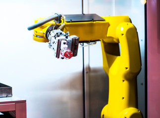 Augmented reality for industry concept. Robotic and Automation system control application on automate robot arm in smart manufacturing background.