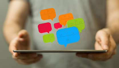 Empty speech bubble hands feedback communication..