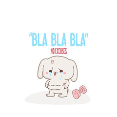 Cute bunny crying because fat, vector hand-drawn illustration in kawaii style. Bla Bla Bla no. Excess weight . cartoon doodle for children's textiles, t-shirts or postcards.