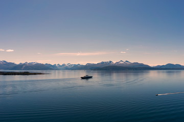 Panoramic mountain view with some islands in the fjord in Molde, Norway