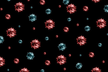 Fototapeta na wymiar Flu and cold viruses on a black background, visualization of red and blue virus cells
