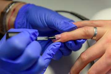 Professional manicure, nail polish in the beauty salon. Process of applying the fixing layer to the nail with a brush.