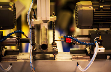 CNC turning, drilling and boring machine at work close-up. Industry, industrial concept.