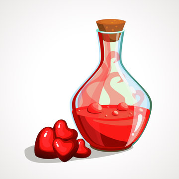 Cartoon flask with a love potion. A bunch of hearts. Vector illustration.