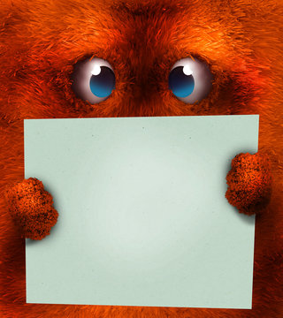 Orange hairy face monster with sign