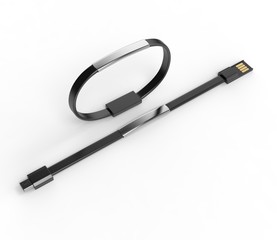 Blank wearable bracelet charging line USB data cable for promotional branding. 3d render illustration.