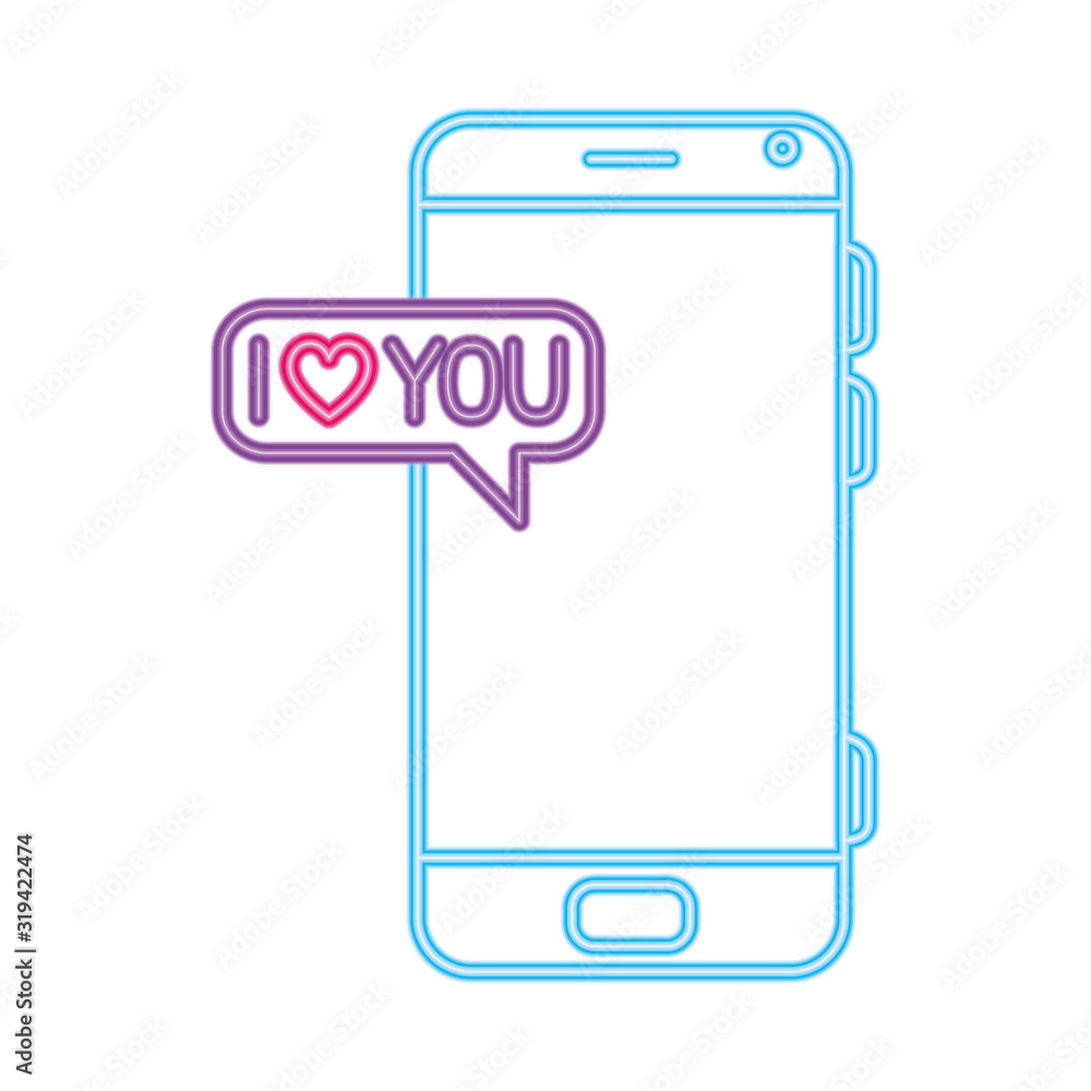 Poster smartphone with speech bubble in neon light, valentines day