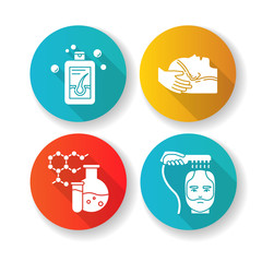 Hair loss flat design long shadow glyph icons set. Laser therapy for thinning hair. Physiotherapy. Male hair loss treatment. Chemistry and medicine. Dermatology. Silhouette RGB color illustration
