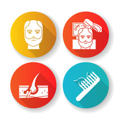 Hair loss flat design long shadow glyph icons set. Man balding treatment. Male alopecia. Hair strands on comb. Damaged follicle. Dermatology, cosmetology. Silhouette RGB color illustration