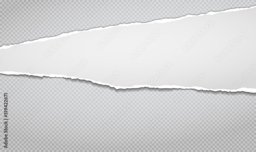 Poster torn, ripped piece of white horizontal paper with soft shadow is on grey squared background for text