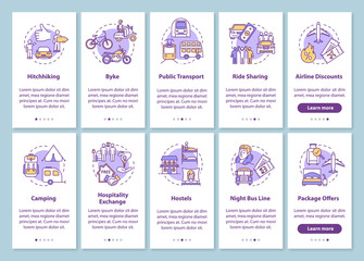 Transport and sleeping onboarding mobile app page screen with concepts. Hitchhiking and camping. Budget travel walkthrough steps graphic instructions. UI vector template with RGB color illustrations