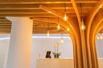 Reception of modern office with lights and wood on the ceiling