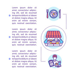 Food services concept icon with text. Local fast food. Self catering. Traditional markets. PPT page vector template. Brochure, magazine, booklet design element with linear illustrations