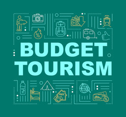 Budget tourism word concepts banner. Stay in hostel. Public transport. Infographics with linear icons on forestgreen background. Isolated typography. Vector outline RGB color illustration