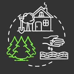 Landscape planning chalk RGB color concept icon. Agriculture and architecture. House and forest. Outdoor landmark. Land use idea. Vector isolated chalkboard illustration on black background