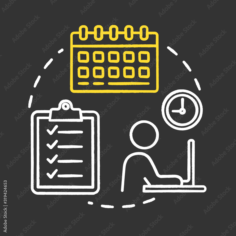 Poster planning period chalk rgb color concept icon. calendar check. self-building businessman. checklist f