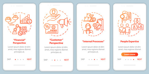 Financial perspective onboarding mobile app page screen with concepts. Targeting and economy. Marketing walkthrough 4 steps graphic instructions. UI vector template with RGB color illustrations