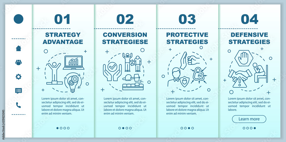Poster business strategies onboarding vector template. achieving goals. conversion funnel. marketing, devel
