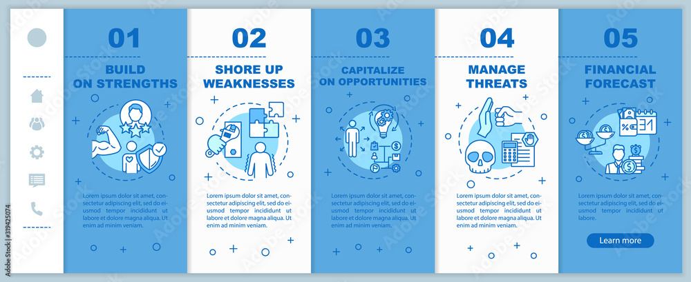 Poster self-building onboarding vector template. swot strategy. financial forecast. managing threats. respo
