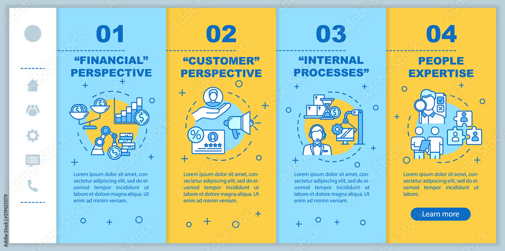 Aufkleber financial perspectives onboarding vector template. internal processes. people expertise. customer su