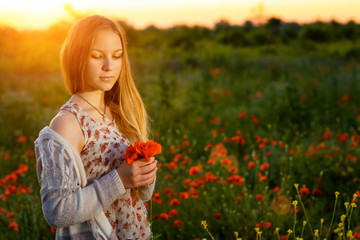 young cute girl with long hair in a poppy field at sunset