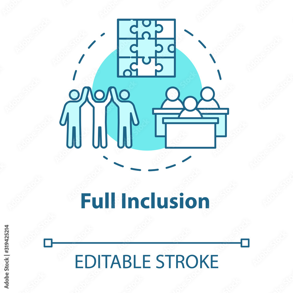 Poster full inclusion concept icon. student group dynamics. diverse community. class teamwork. inclusive ed