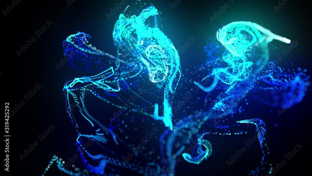 Poster injection of fluorescent blue ink in water in 4k. 3d render of glow particles in ink flow. Luma matte as alpha channel. Background of shiny ink effect advection. 3