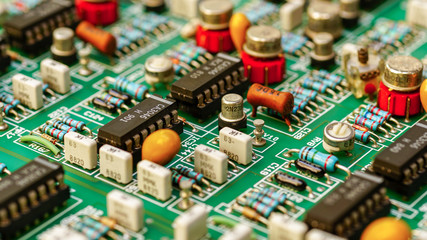 Closeup on electronic board and Electronic device,Printed circuit board (PCB) on white background