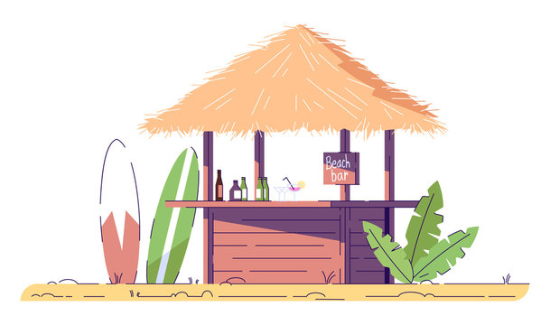 Empty beach bar and surfboards flat doodle illustration